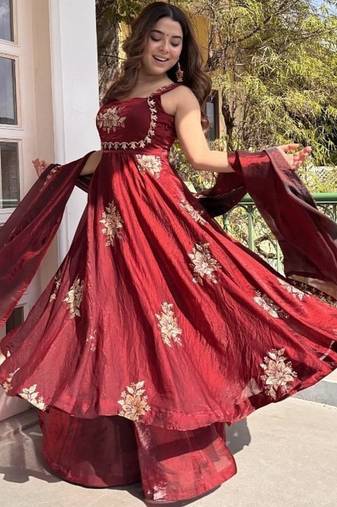 Maroon embroidery fendy silk fully stitched anarkali suit set