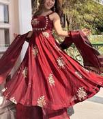 Maroon embroidery Blend Tissue fully stitched anarkali suit set