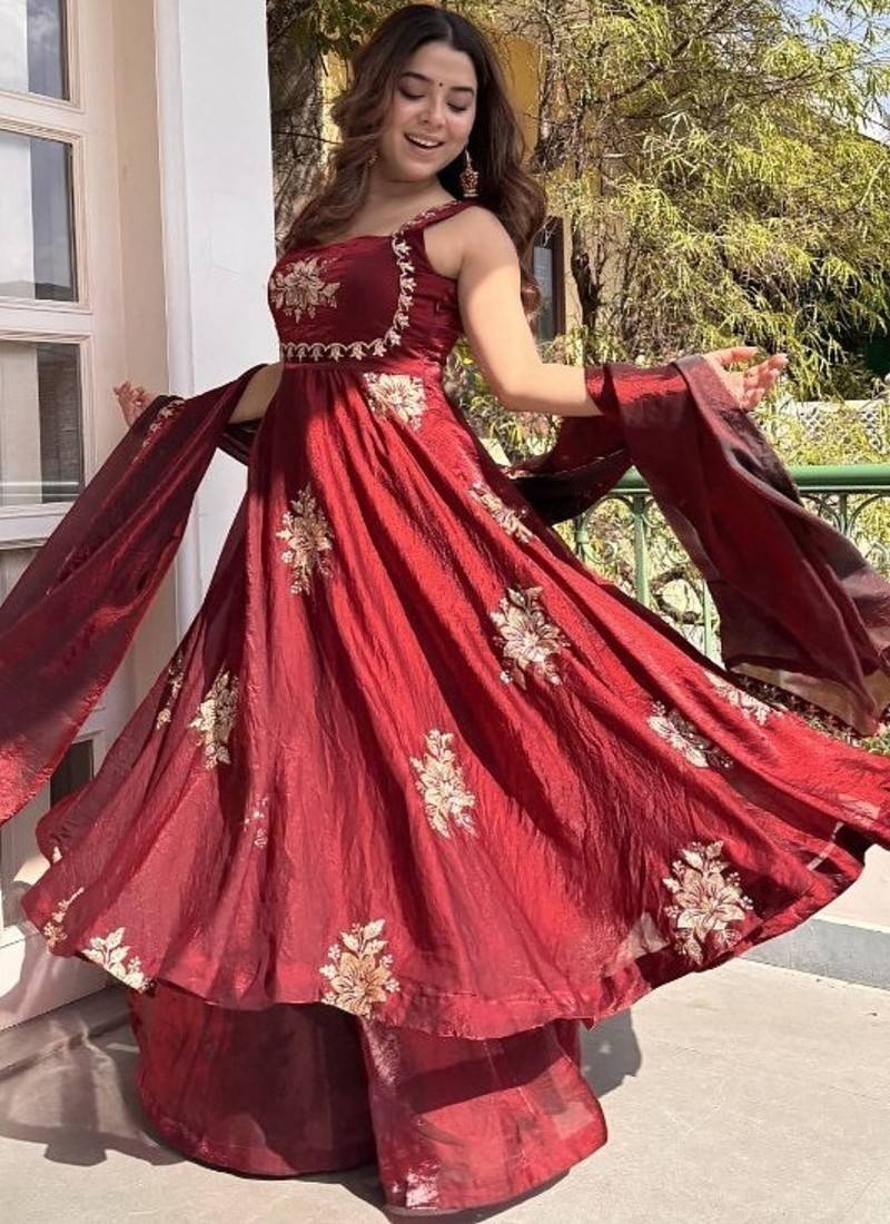 Maroon embroidery fendy silk fully stitched anarkali suit set