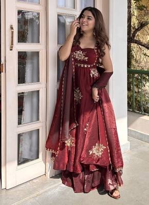 Maroon embroidery Blend Tissue fully stitched anarkali suit set 2