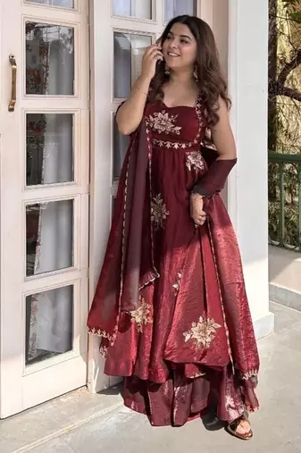 Maroon embroidery fendy silk fully stitched anarkali suit set