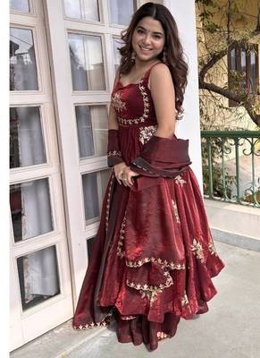 Maroon embroidery Blend Tissue fully stitched anarkali suit set 3
