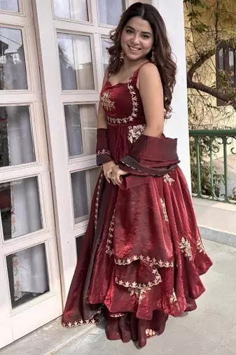 Maroon embroidery fendy silk fully stitched anarkali suit set