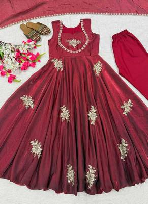 Maroon embroidery Blend Tissue fully stitched anarkali suit set 4