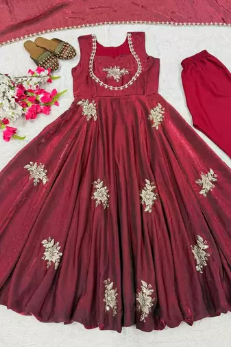 Maroon embroidery fendy silk fully stitched anarkali suit set
