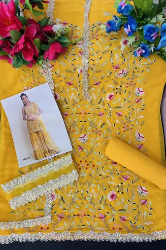 Yellow faux georgette  sharara salwar suit collection un stitched