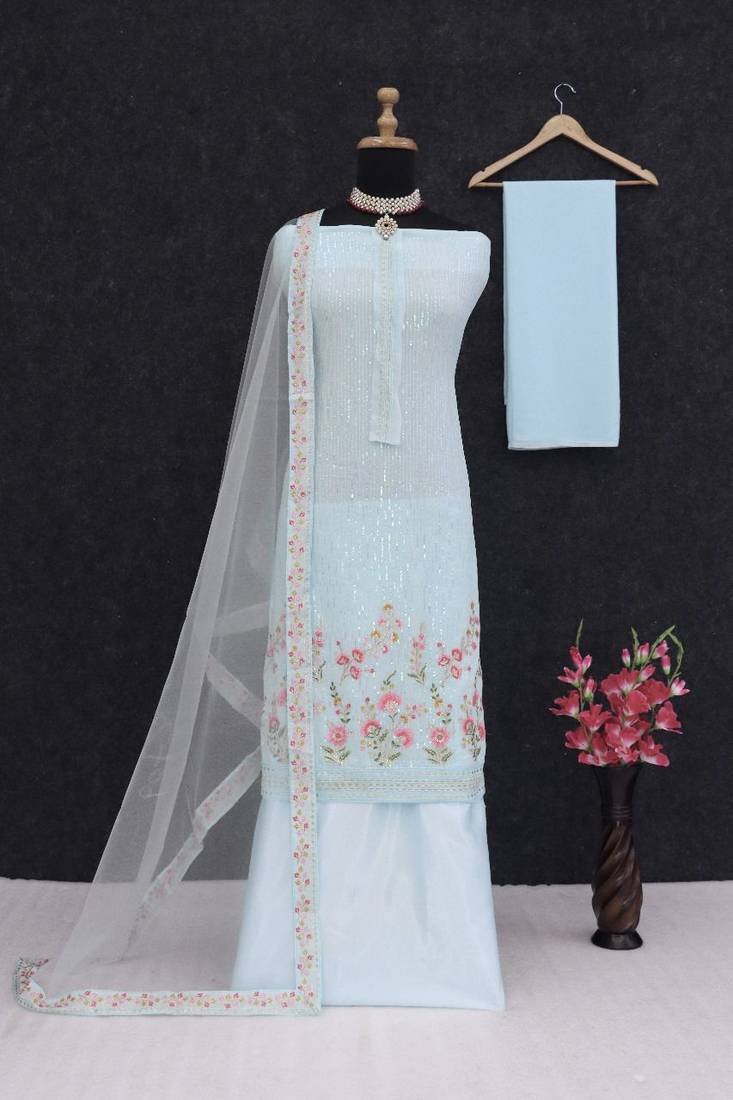 Sky blue faux georgette  sharara salwar suit collection un stitched