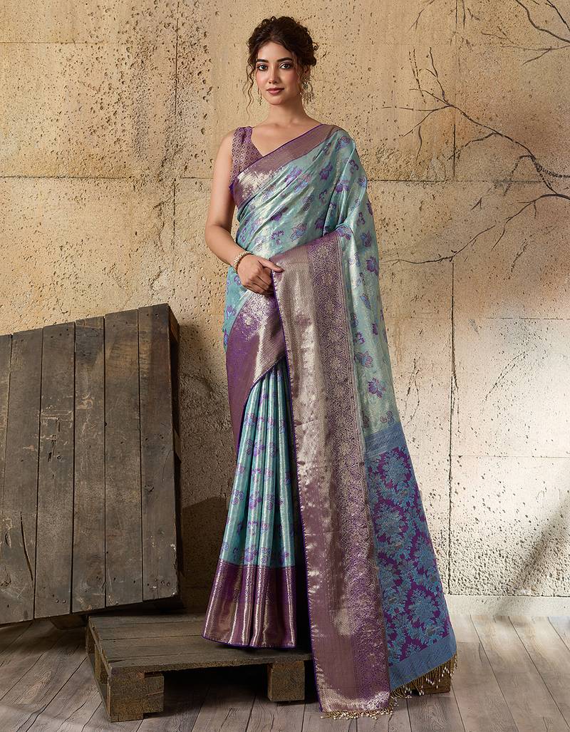 Aqua blue kanjivaram, zari woven semi silk banarasi saree with blouse