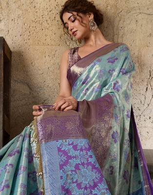 Aqua blue zari woven silk blend banarasi saree with blouse 2