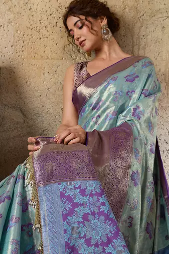 Aqua blue kanjivaram, zari woven semi silk banarasi saree with blouse