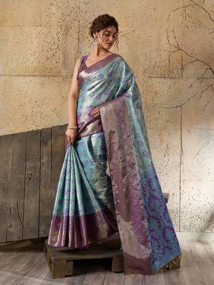 Aqua blue zari woven silk blend banarasi saree with blouse 4