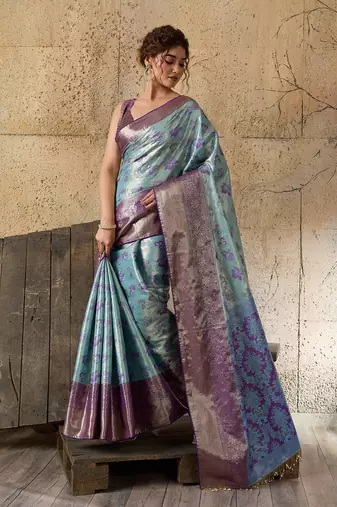 Aqua blue kanjivaram, zari woven semi silk banarasi saree with blouse