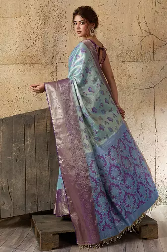 Aqua blue kanjivaram, zari woven semi silk banarasi saree with blouse