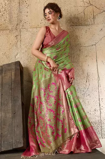 Green kanjivaram, zari woven semi silk banarasi saree with blouse