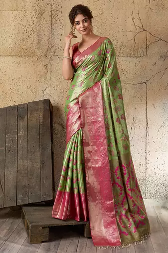 Green kanjivaram, zari woven semi silk banarasi saree with blouse