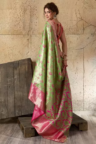 Green kanjivaram, zari woven semi silk banarasi saree with blouse