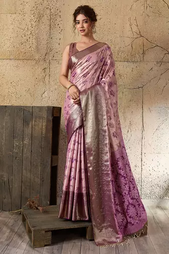 Pink kanjivaram, zari woven semi silk banarasi saree with blouse