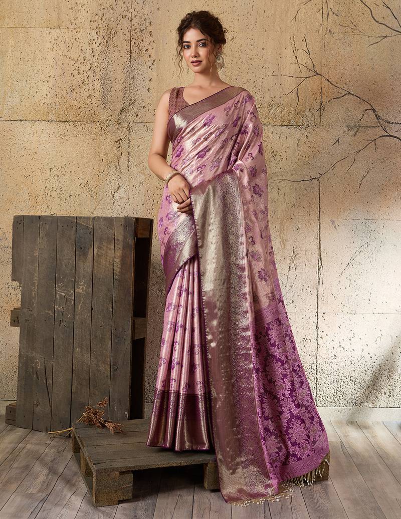 Pink kanjivaram, zari woven semi silk banarasi saree with blouse