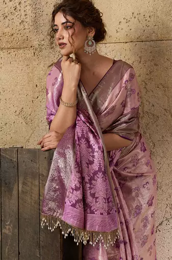 Pink kanjivaram, zari woven semi silk banarasi saree with blouse