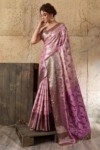 Pink kanjivaram, zari woven semi silk banarasi saree with blouse