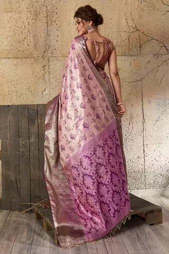 Pink kanjivaram, zari woven semi silk banarasi saree with blouse