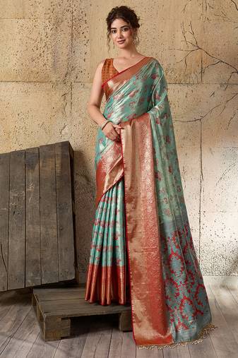 Sea green kanjivaram, zari woven semi silk banarasi saree with blouse
