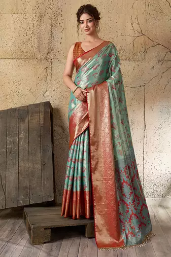 Sea green kanjivaram, zari woven semi silk banarasi saree with blouse