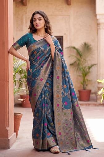 Blue Dola Silk Saree with Silver Zari & Multicolor Thread Woven Work | Festive Wear Saree for Women