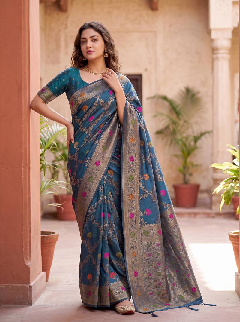 Blue Dola Silk Saree with Silver Zari & Multicolor Thread Woven Work | Festive Wear Saree for Women