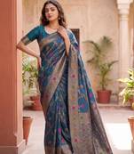 Blue Dola silk blend Saree with Silver Zari & Multicolor Thread Woven Work | Festive Wear Saree for Women