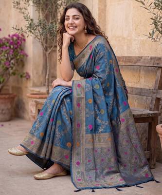 Blue Dola silk blend Saree with Silver Zari & Multicolor Thread Woven Work | Festive Wear Saree for Women 2