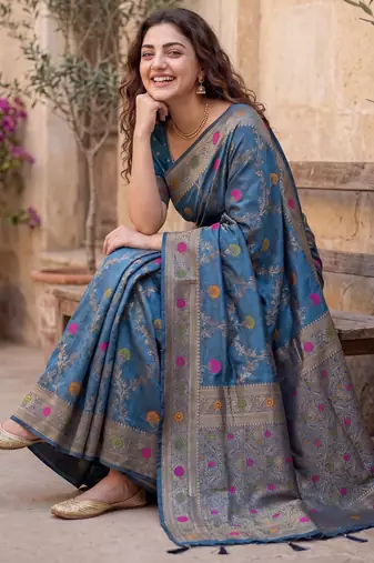 Blue Dola silk blend Saree with Silver Zari & Multicolor Thread Woven Work | Festive Wear Saree for Women