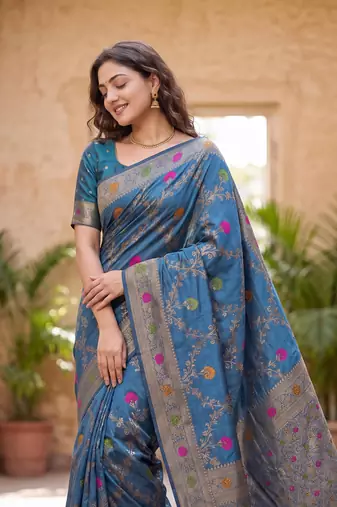 Blue Dola silk blend Saree with Silver Zari & Multicolor Thread Woven Work | Festive Wear Saree for Women