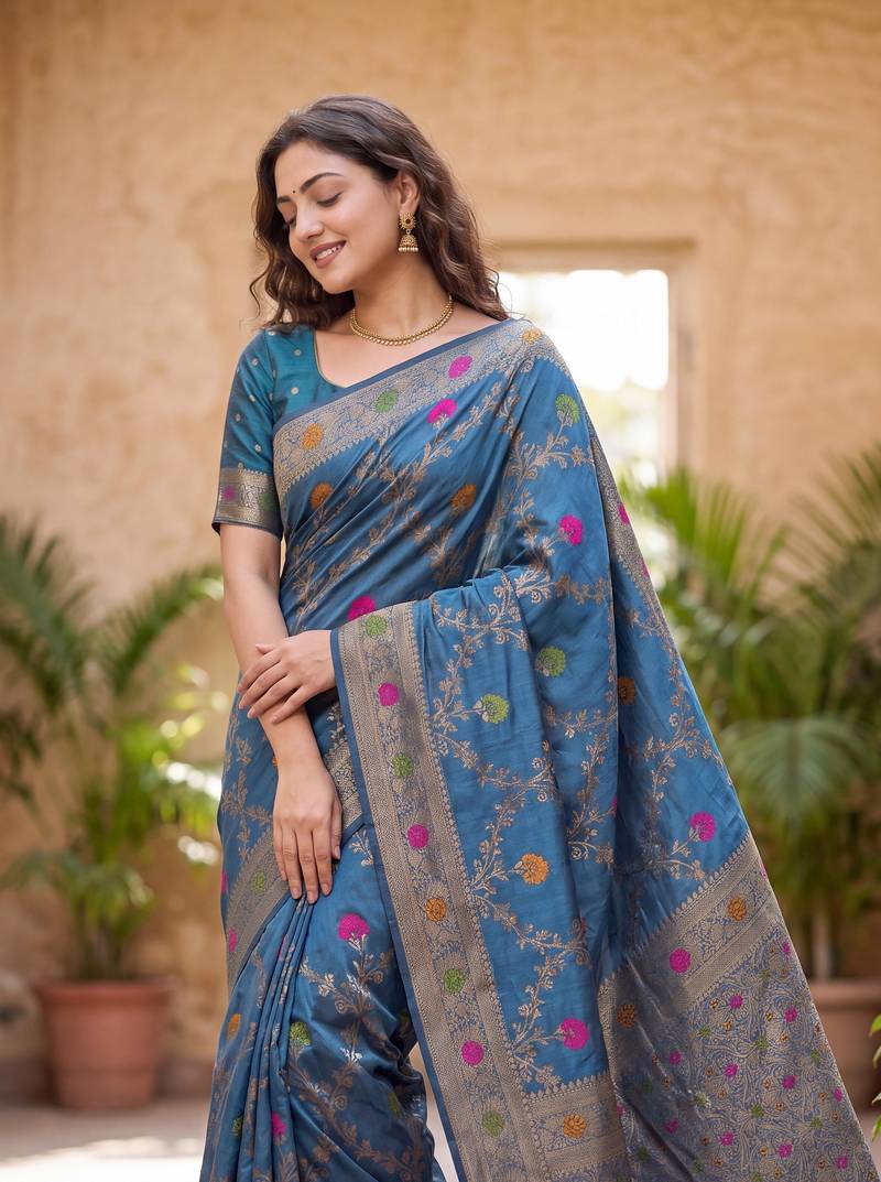Blue Dola silk blend Saree with Silver Zari & Multicolor Thread Woven Work | Festive Wear Saree for Women