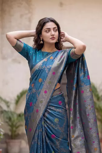 Blue Dola silk blend Saree with Silver Zari & Multicolor Thread Woven Work | Festive Wear Saree for Women