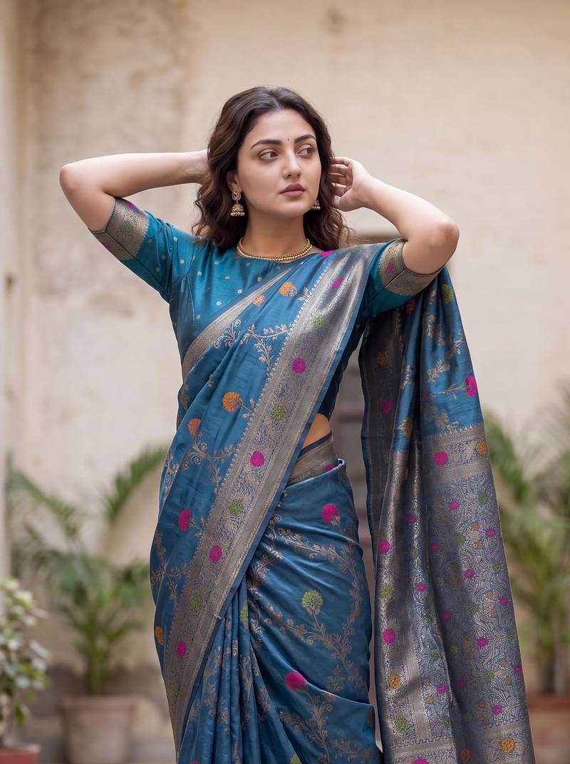 Blue Dola silk blend Saree with Silver Zari & Multicolor Thread Woven Work | Festive Wear Saree for Women