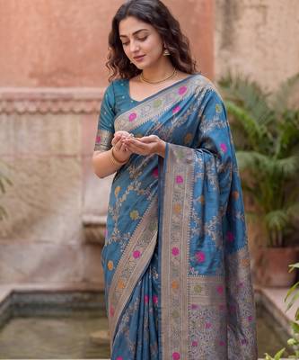 Blue Dola silk blend Saree with Silver Zari & Multicolor Thread Woven Work | Festive Wear Saree for Women 5
