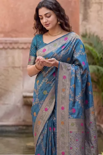 Blue Dola silk blend Saree with Silver Zari & Multicolor Thread Woven Work | Festive Wear Saree for Women