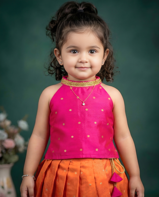 Baby girls fleared pattern dress sleevless readymade ethnic traditional lehnga choli set orange&pink 3