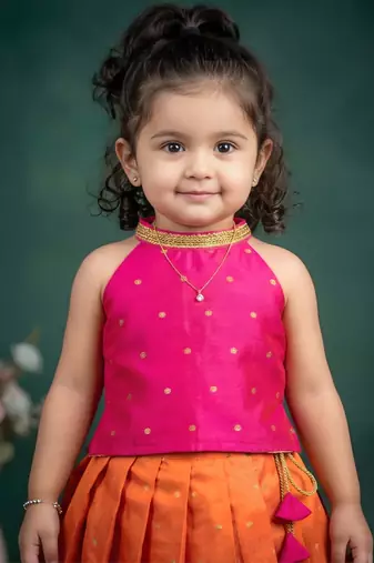 Baby girls fleared pattern dress sleevless readymade ethnic traditional lehnga choli set orange&pink
