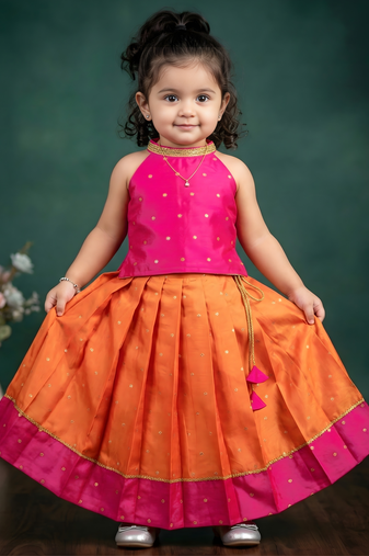 Baby girls fleared pattern dress sleevless readymade ethnic traditional lehnga choli set orange&pink