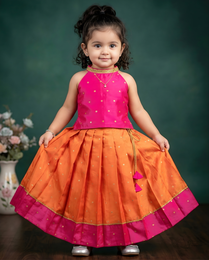 Baby girls fleared pattern dress sleevless readymade ethnic traditional lehnga choli set orange&pink