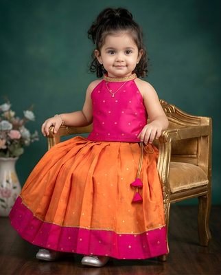 Baby girls fleared pattern dress sleevless readymade ethnic traditional lehnga choli set orange&pink 4