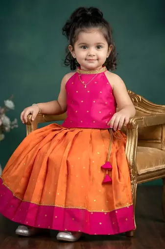 Baby girls fleared pattern dress sleevless readymade ethnic traditional lehnga choli set orange&pink