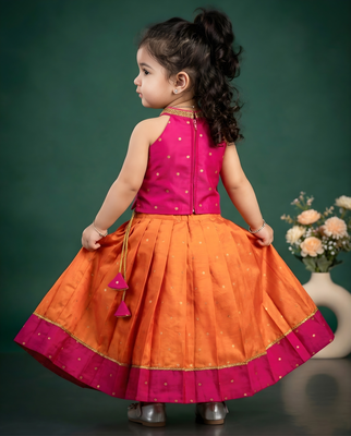 Baby girls fleared pattern dress sleevless readymade ethnic traditional lehnga choli set orange&pink 5