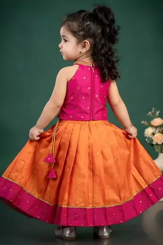 Baby girls fleared pattern dress sleevless readymade ethnic traditional lehnga choli set orange&pink
