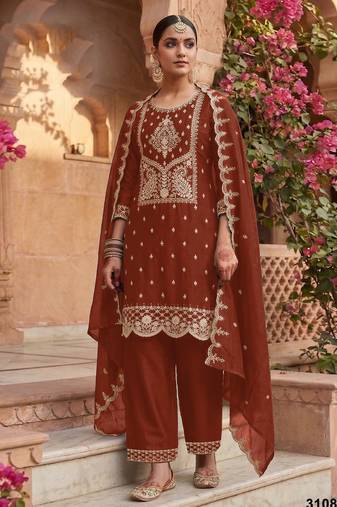 Rust color embroideried rangoli crush semi stitched salwar suit