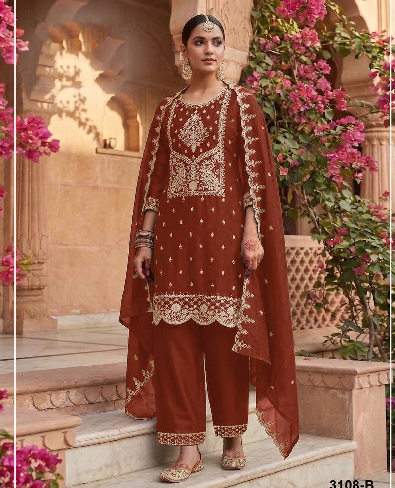 Rust color embroideried rangoli crush semi stitched salwar suit