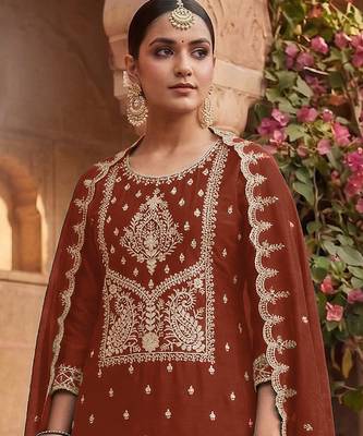 Rust embroidered rangoli crush salwar suit 2