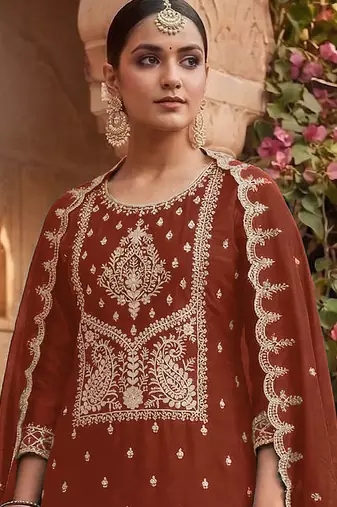 Rust embroidered rangoli crush salwar suit
